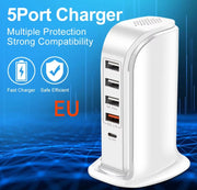 5-in-1 USB Wall Charger – 40W Fast Charging Adapter for Phones, Laptops, Tablets, Game Consoles, Cameras | QC3.0, PD 3.0, Overcharge & Overcurrent Protection, 4 USB + 1 Type-C Port