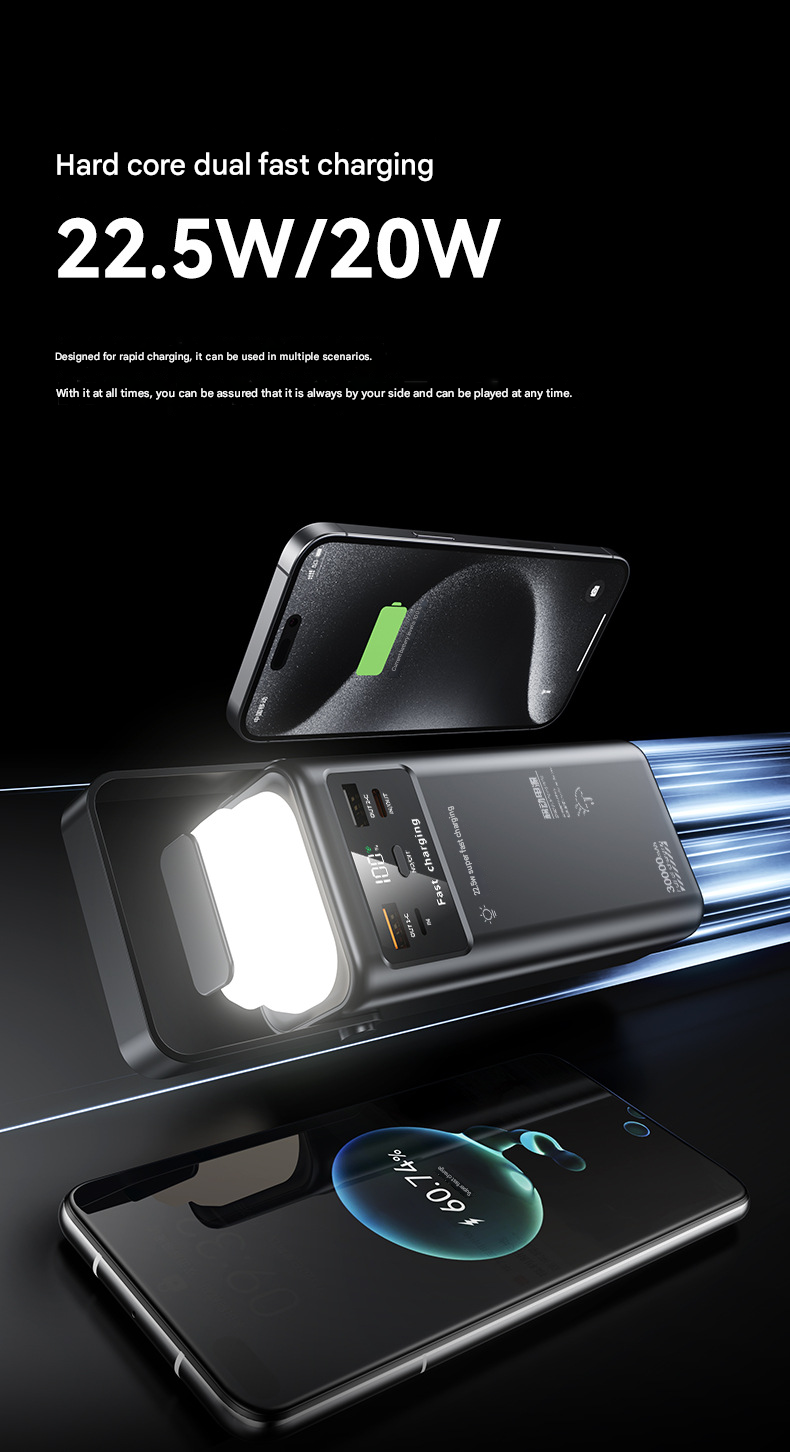 Super fast power bank 50000 mAh 22.5w portable power bank with digital display for outdoor camping, with folding flashlight, For Apple、Samsung、Huawei and other mobile phones
