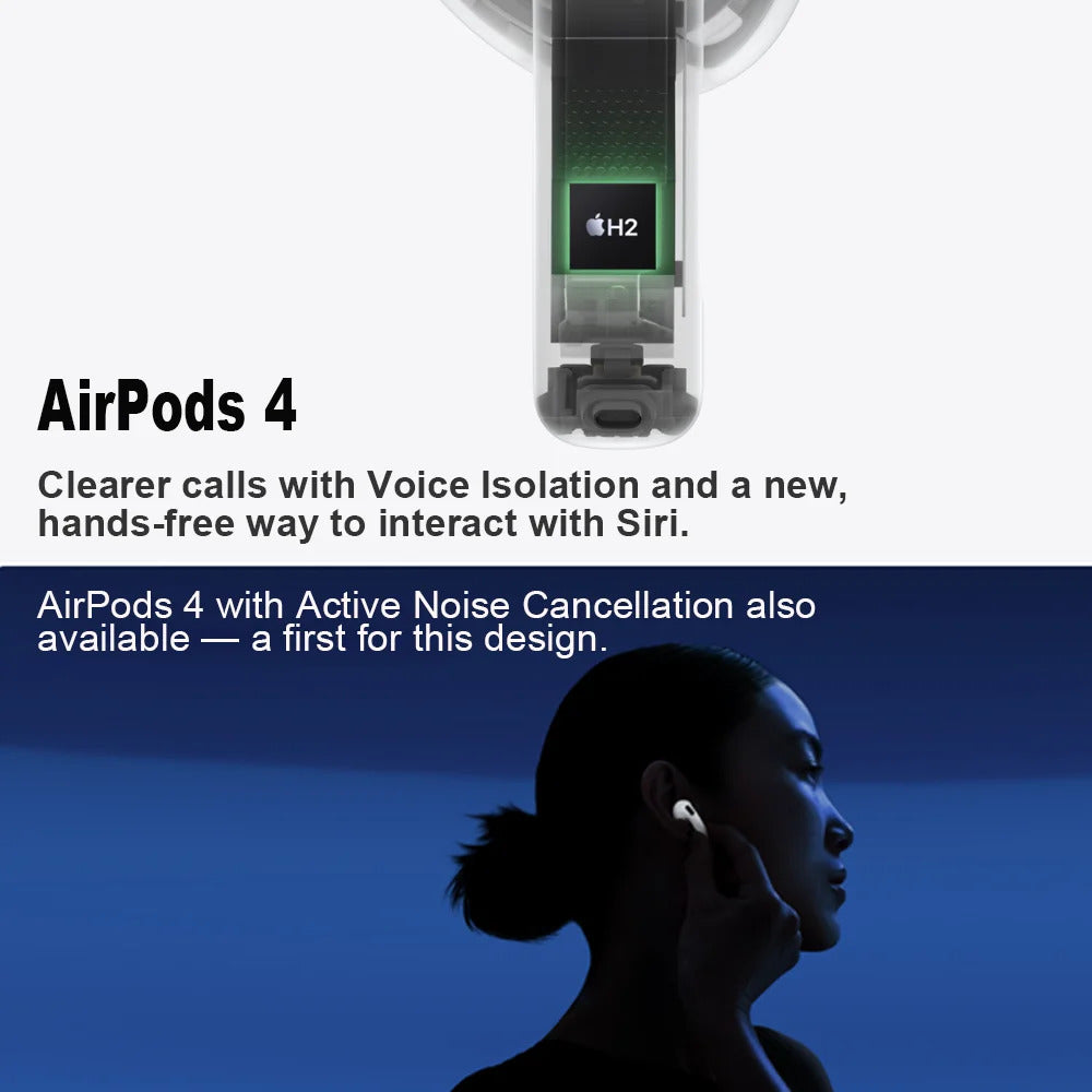 Apple AirPods 4 Wireless Bluetooth Headphones Active Noise Cancellation Powerful H2 Chip Wireless Charging Box Bluetooth 5.3 Waterproof Earphones with Microphone for Apple Samsung Huawei Xiaomi Earphones