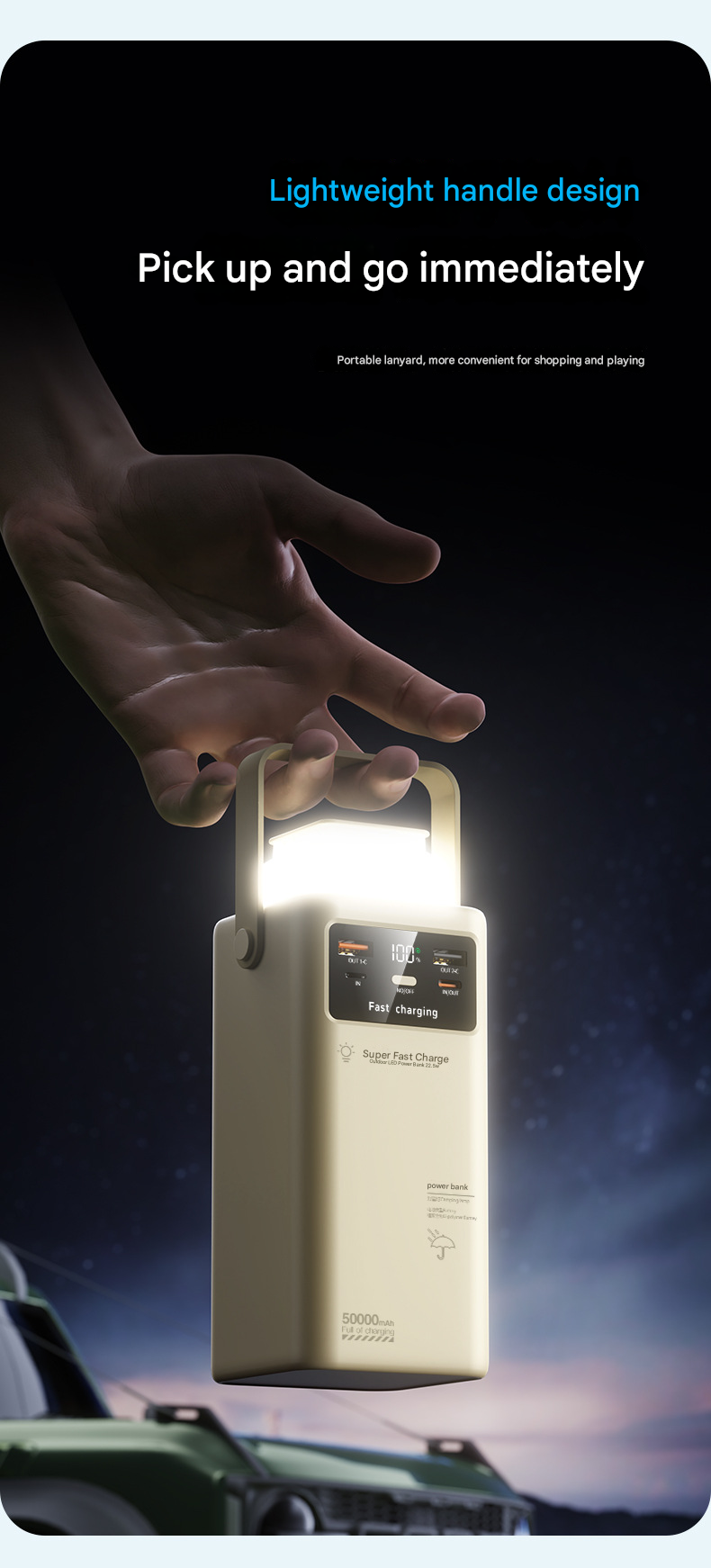 Super fast power bank 50000 mAh 22.5w portable power bank with digital display for outdoor camping, with folding flashlight, For Apple、Samsung、Huawei and other mobile phones