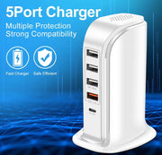 5-in-1 USB Wall Charger – 40W Fast Charging Adapter for Phones, Laptops, Tablets, Game Consoles, Cameras | QC3.0, PD 3.0, Overcharge & Overcurrent Protection, 4 USB + 1 Type-C Port