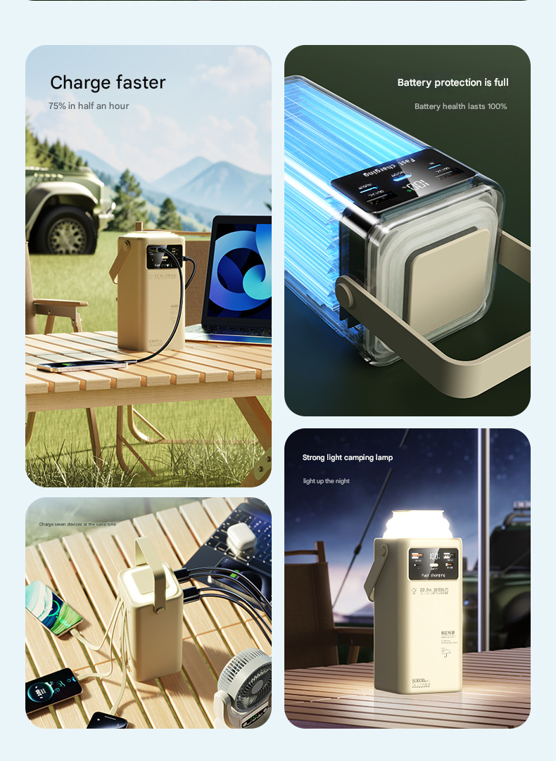 Super fast power bank 50000 mAh 22.5w portable power bank with digital display for outdoor camping, with folding flashlight, For Apple、Samsung、Huawei and other mobile phones