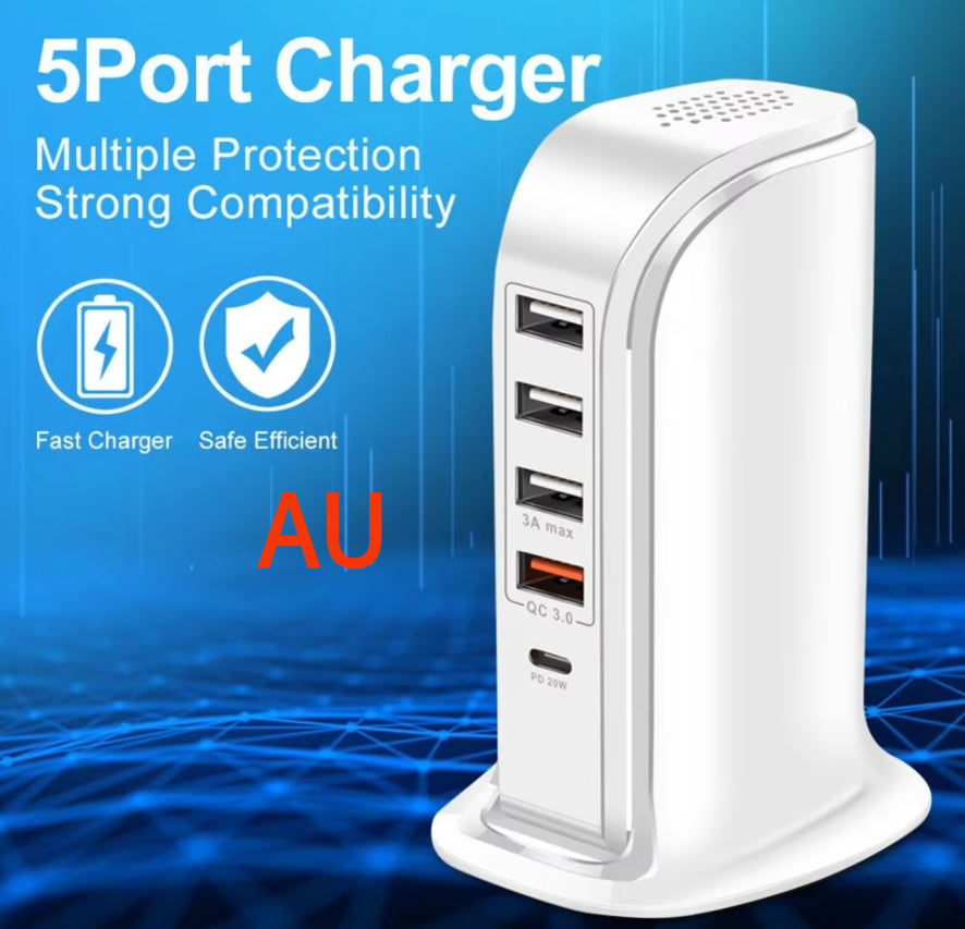 5-in-1 USB Wall Charger – 40W Fast Charging Adapter for Phones, Laptops, Tablets, Game Consoles, Cameras | QC3.0, PD 3.0, Overcharge & Overcurrent Protection, 4 USB + 1 Type-C Port